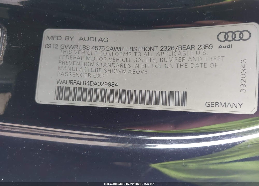 2013 AUDI A5 VIN: WAURFAFR4DA029984