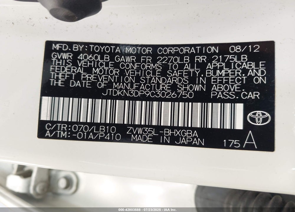 2012 TOYOTA PRIUS PLUG-IN VIN: JTDKN3DP9C3026750