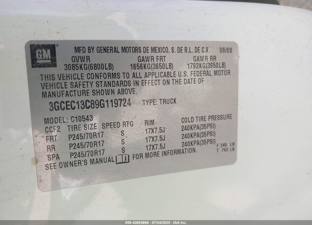 2009 CHEVROLET SILVERADO 1500 VIN: 3GCEC13C89G119724
