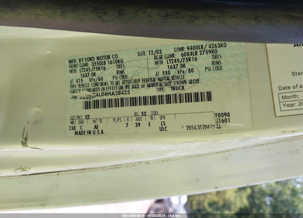 2004 FORD E-350 SUPER DUTY COMMERCIAL/RECREATIONAL VIN: 1FTSS34L04HA38425