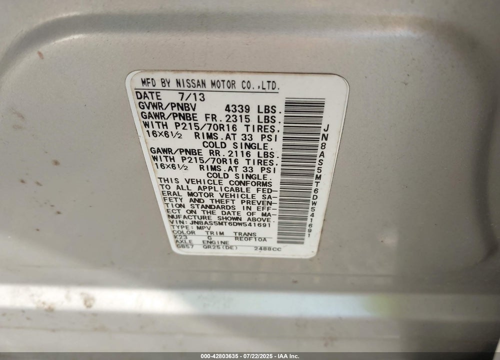 2013 NISSAN ROGUE VIN: JN8AS5MT6DW541691