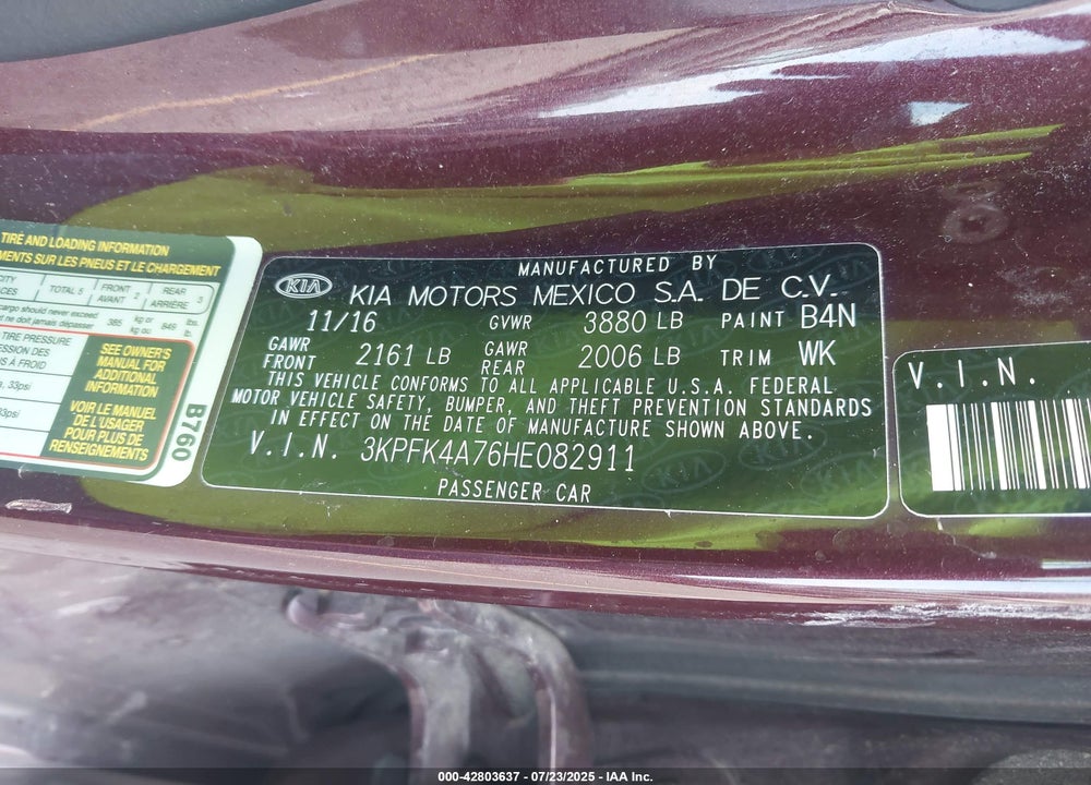 2017 KIA FORTE VIN: 3KPFK4A76HE082911