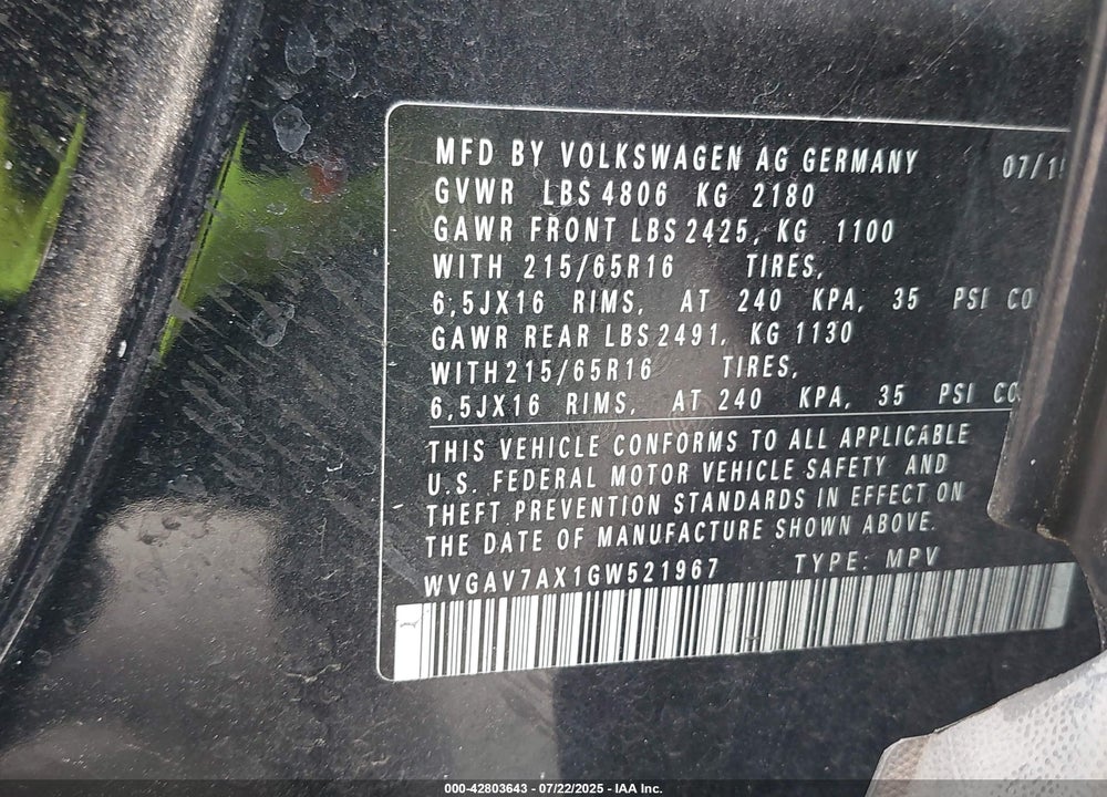 2016 VOLKSWAGEN TIGUAN VIN: WVGAV7AX1GW521967