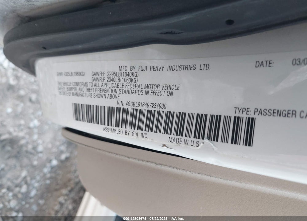 2009 SUBARU LEGACY VIN: 4S3BL616497234930