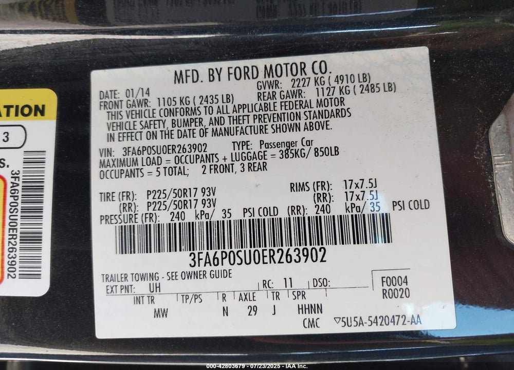 2014 FORD FUSION VIN: 3FA6P0SU0ER263902