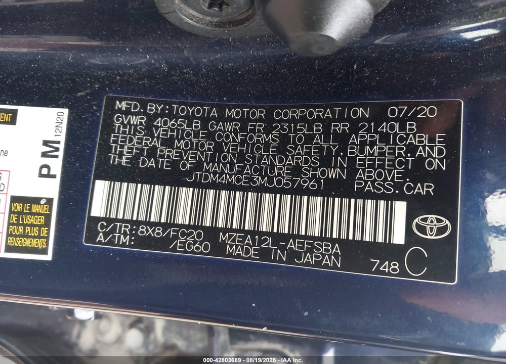 2021 TOYOTA COROLLA VIN: JTDM4MCE3MJ057961
