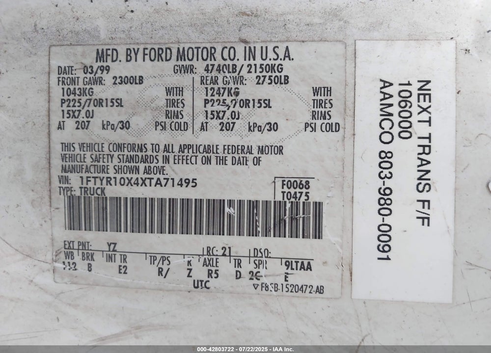 1999 FORD RANGER XLT VIN: 1FTYR10X4XTA71495