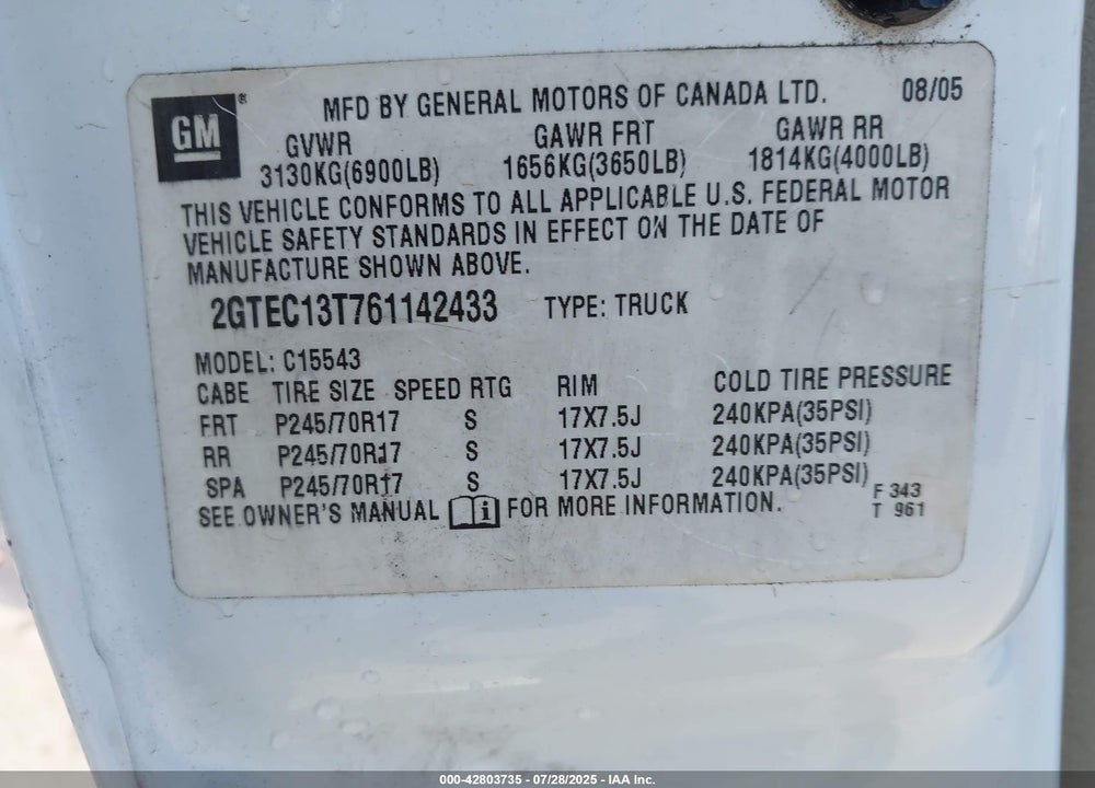 2006 GMC SIERRA 1500 VIN: 2GTEC13T761142433