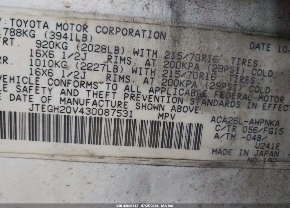 2003 TOYOTA RAV4 VIN: JTEGH20V430087531