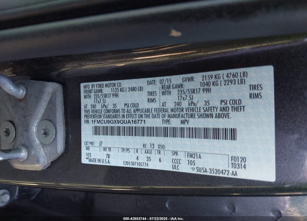 2016 FORD ESCAPE VIN: 1FMCU9GX9GUA16771