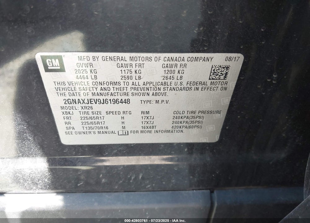 2018 CHEVROLET EQUINOX VIN: 2GNAXJEV9J6196448