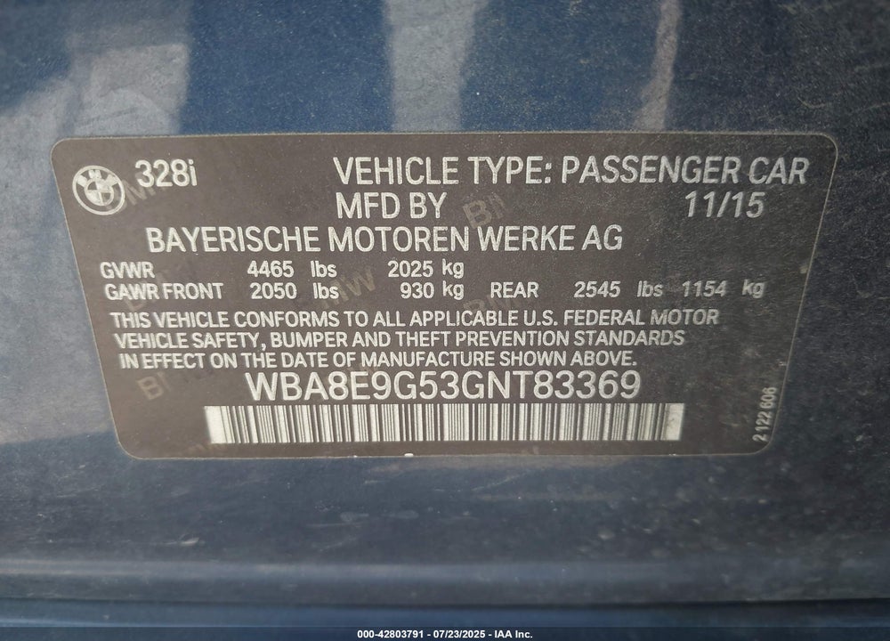 2016 BMW 3 SERIES VIN: WBA8E9G53GNT83369