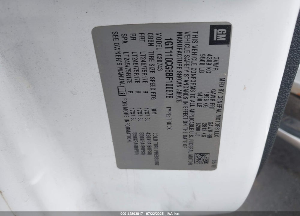 2011 GMC SIERRA VIN: 1GT110CG8BF100678