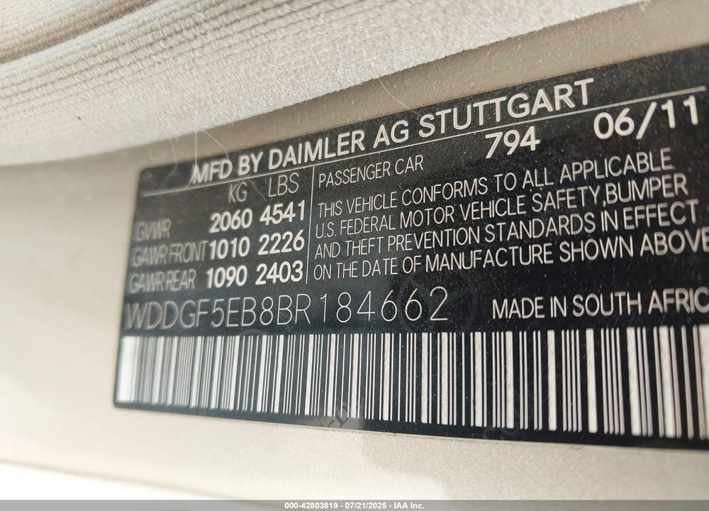 2011 MERCEDES-BENZ C CLASS VIN: WDDGF5EB8BR184662