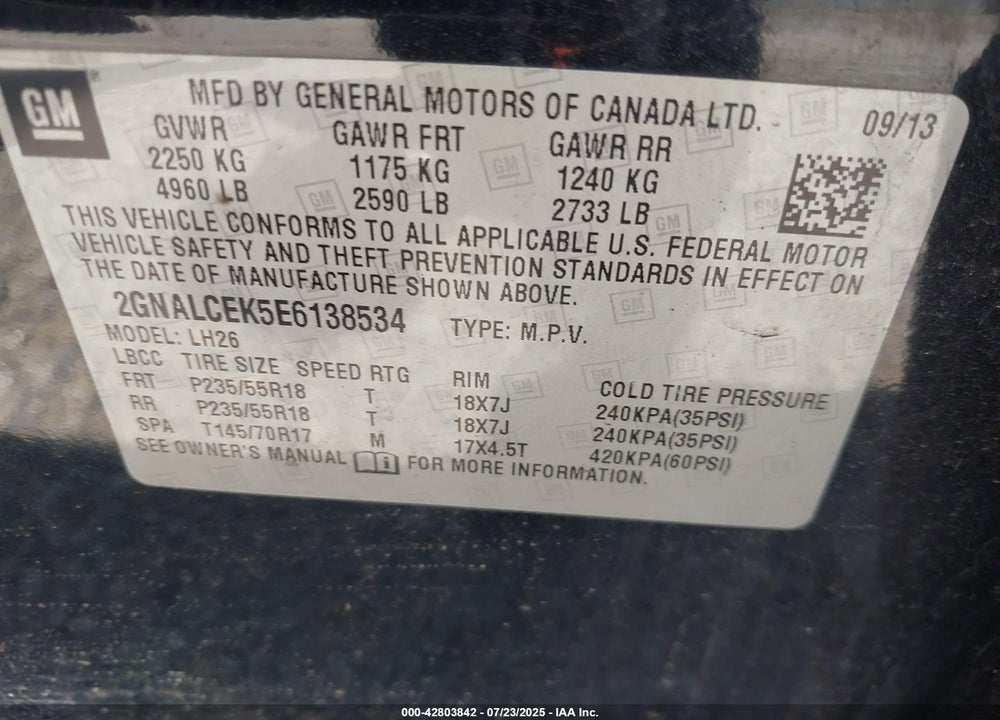 2014 CHEVROLET EQUINOX VIN: 2GNALCEK5E6138534