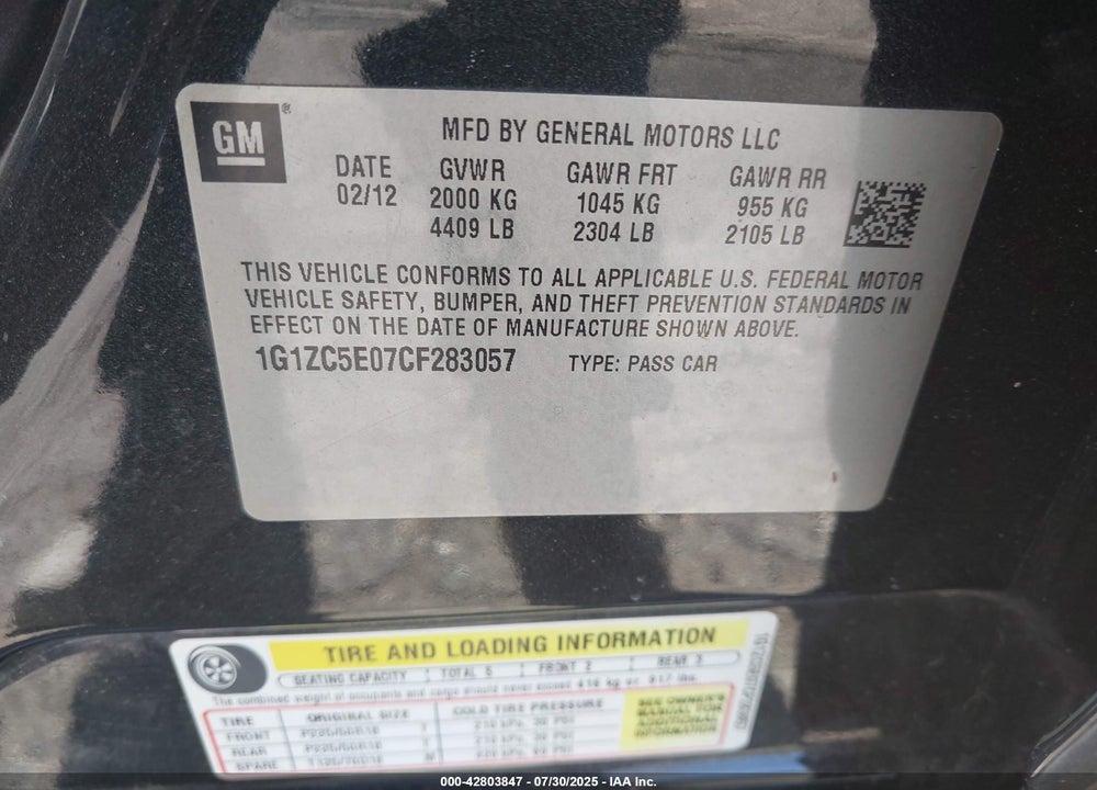 2012 CHEVROLET MALIBU VIN: 1G1ZC5E07CF283057