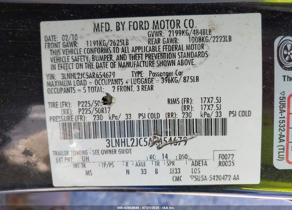2010 LINCOLN MKZ VIN: 3LNHL2JC5AR654679