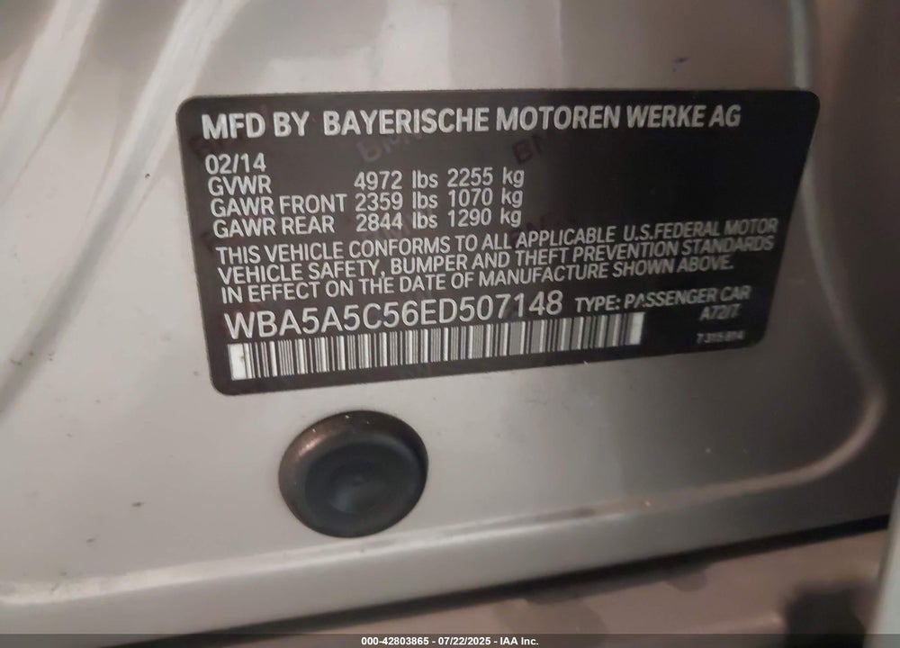2014 BMW 5 SERIES VIN: WBA5A5C56ED507148