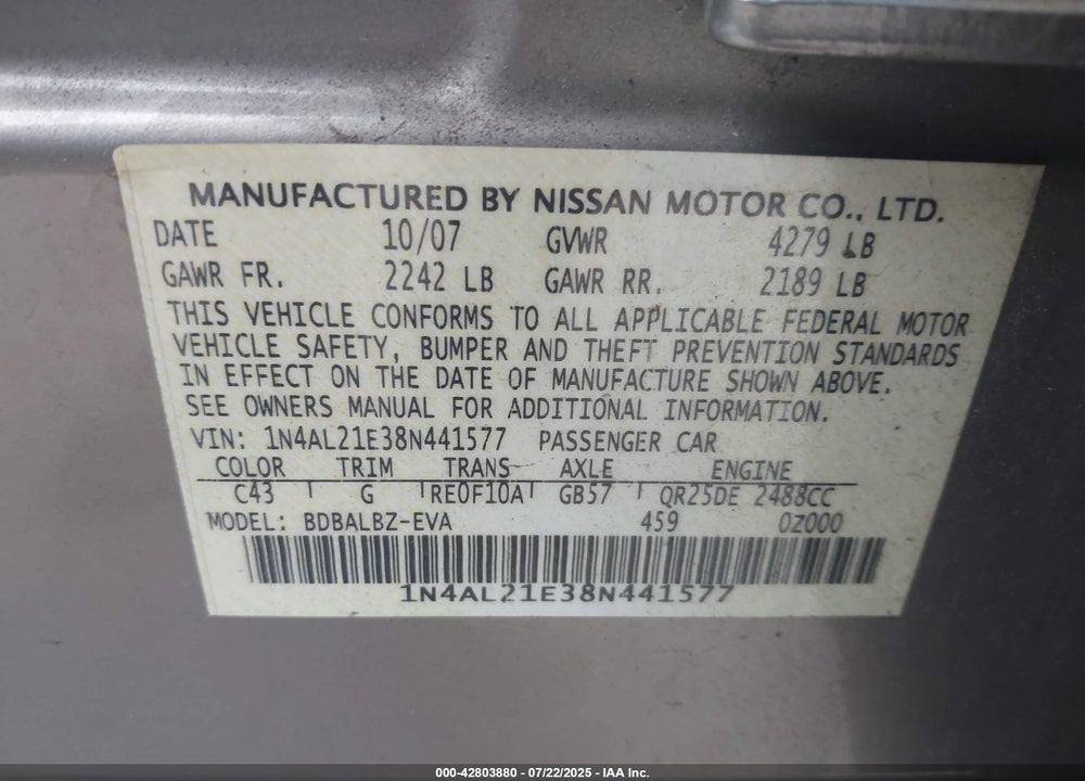 2008 NISSAN ALTIMA 2.5 S VIN: 1N4AL21E38N441577