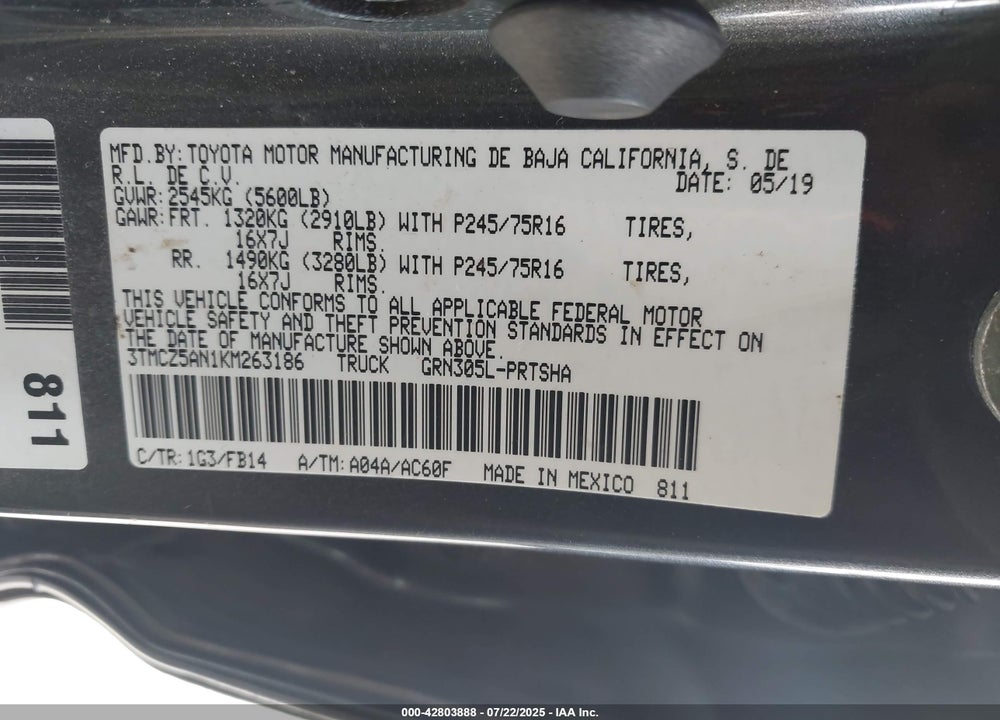 2019 TOYOTA TACOMA VIN: 3TMCZ5AN1KM263186