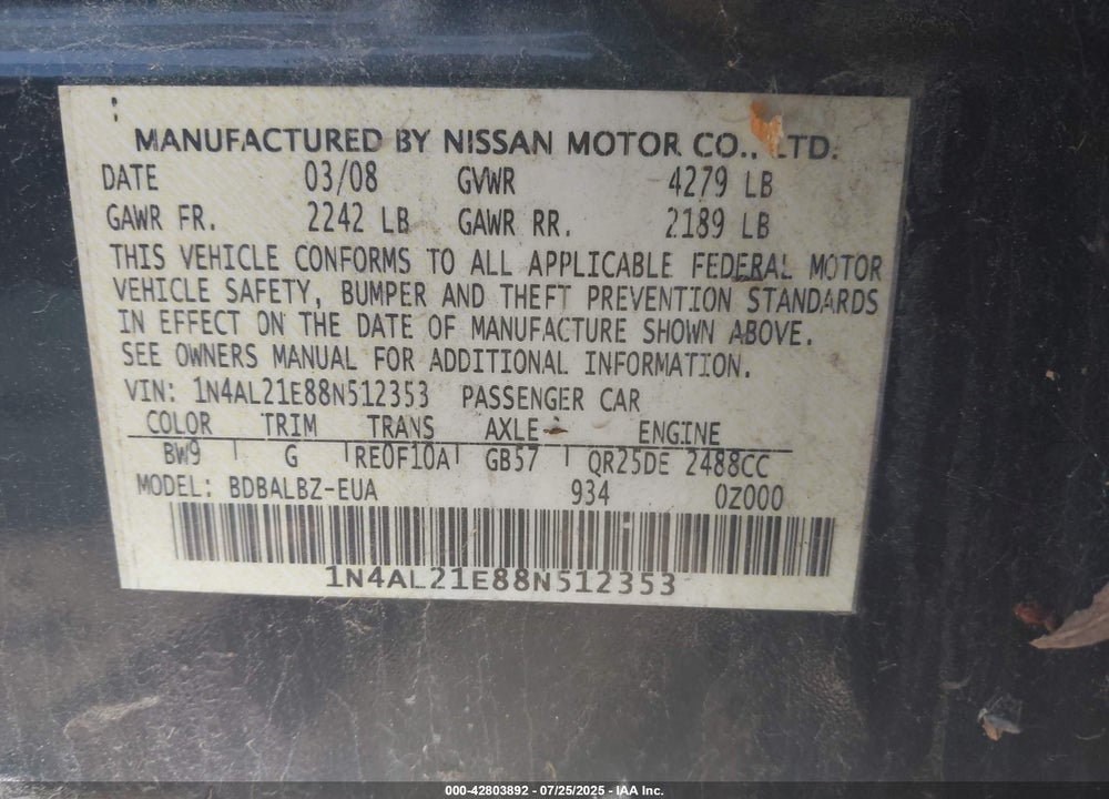 2008 NISSAN ALTIMA VIN: 1N4AL21E88N512353