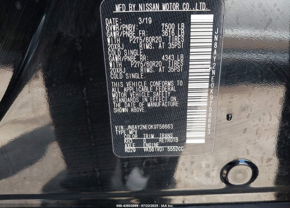 2019 NISSAN ARMADA VIN: JN8AY2NE0K9758663