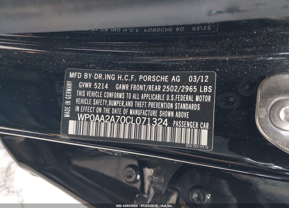 2012 PORSCHE PANAMERA VIN: WP0AA2A70CL071324