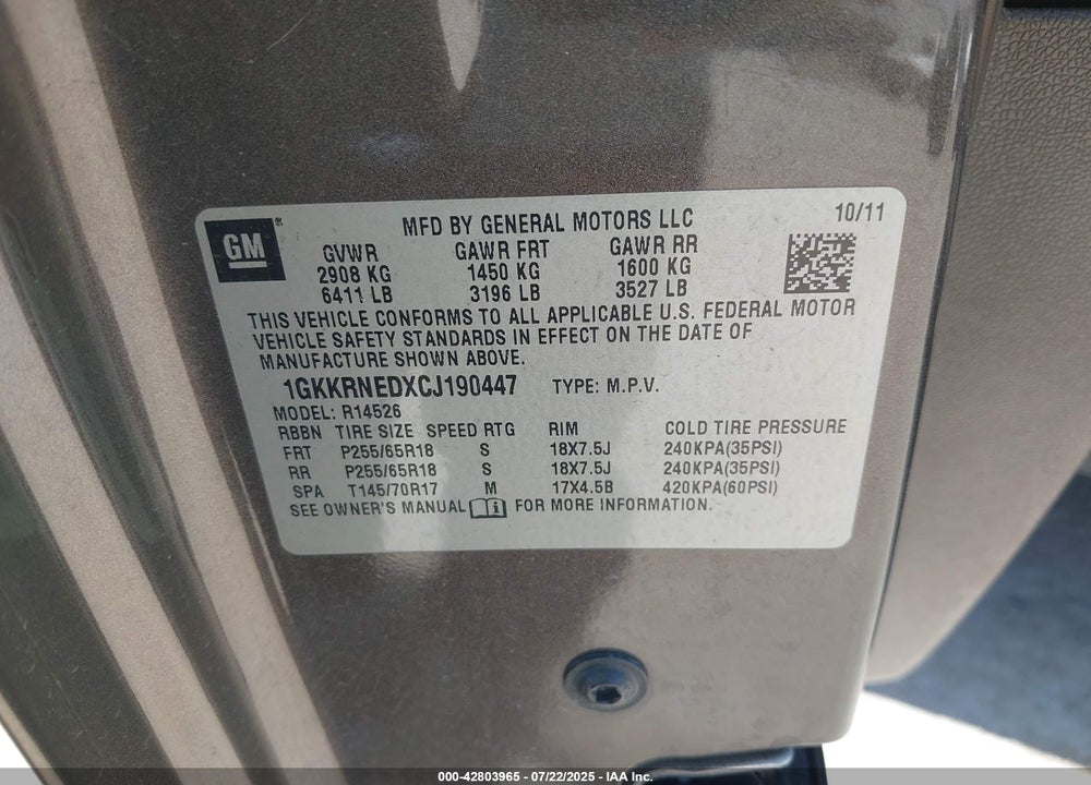 2012 GMC ACADIA VIN: 1GKKRNEDXCJ190447