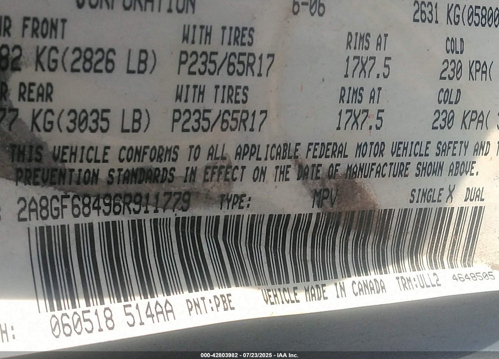 2006 CHRYSLER PACIFICA VIN: 2A8GF68496R911779
