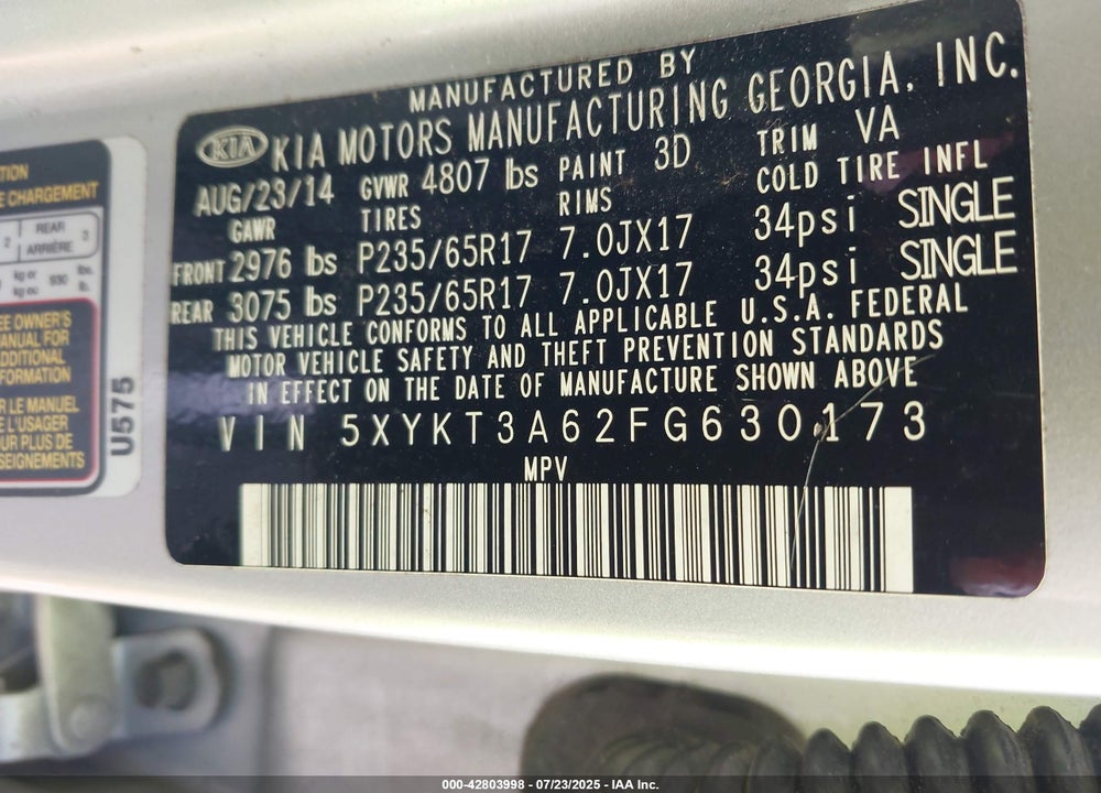 2015 KIA SORENTO VIN: 5XYKT3A62FG630173