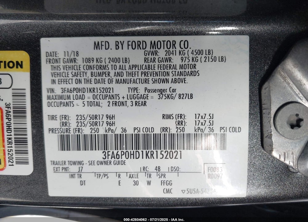 2019 FORD FUSION VIN: 3FA6P0HD1KR152021