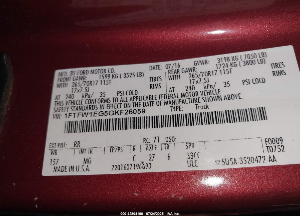 2016 FORD F-150 VIN: 1FTFW1EG5GKF26059