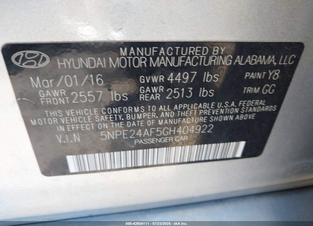 2016 HYUNDAI SONATA VIN: 5NPE24AF5GH404922