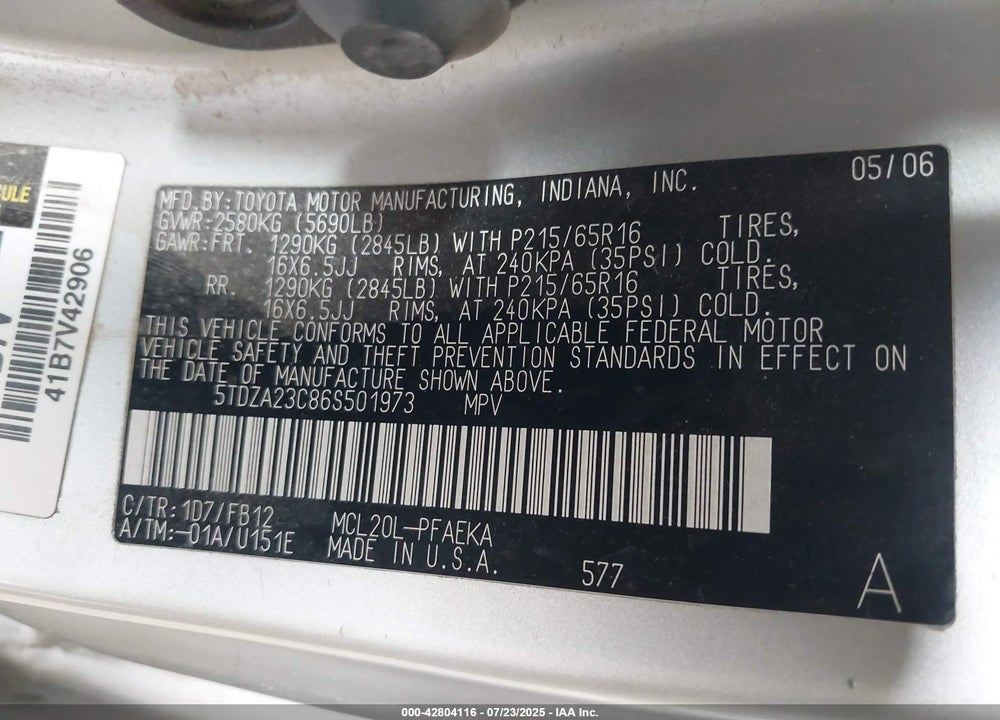 2006 TOYOTA SIENNA CE/LE VIN: 5TDZA23C86S501973