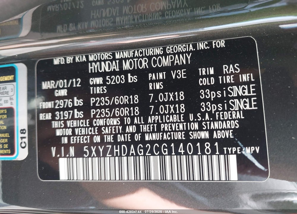 2012 HYUNDAI SANTA FE VIN: 5XYZHDAG2CG140181
