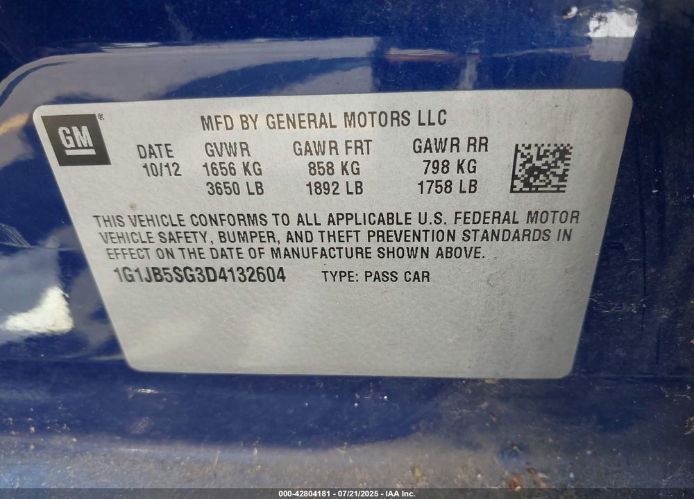 2013 CHEVROLET SONIC VIN: 1G1JB5SG3D4132604