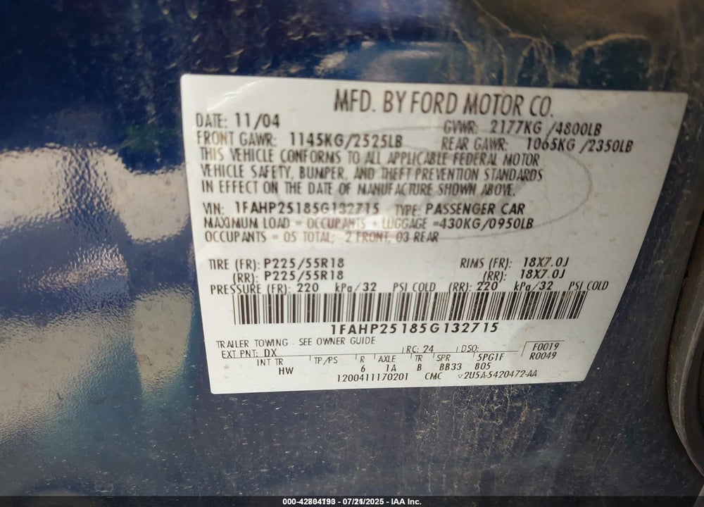 2005 FORD FIVE HUNDRED LIMITED VIN: 1FAHP25185G132715