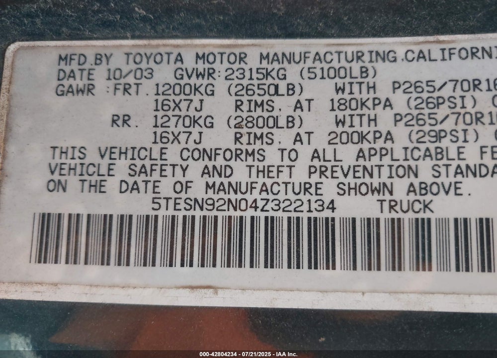 2004 TOYOTA TACOMA PRERUNNER V6 VIN: 5TESN92N04Z322134