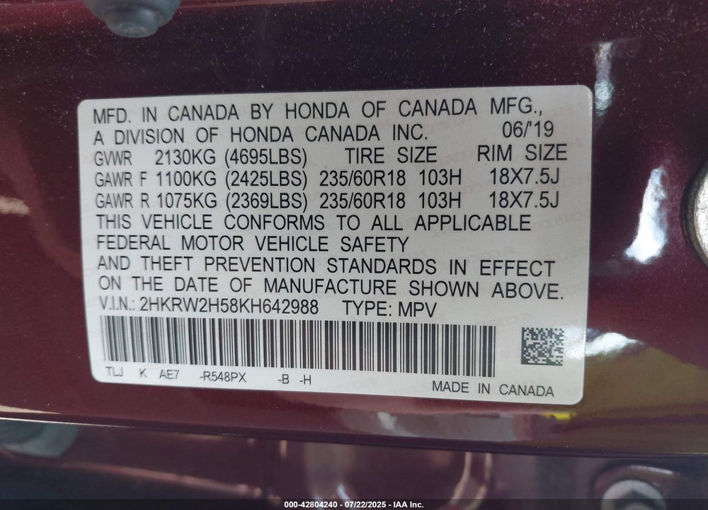2019 HONDA CR-V VIN: 2HKRW2H58KH642988