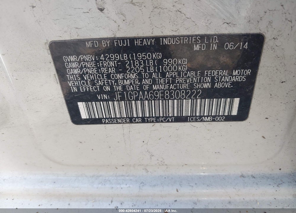 2014 SUBARU IMPREZA VIN: JF1GPAA69E8308222