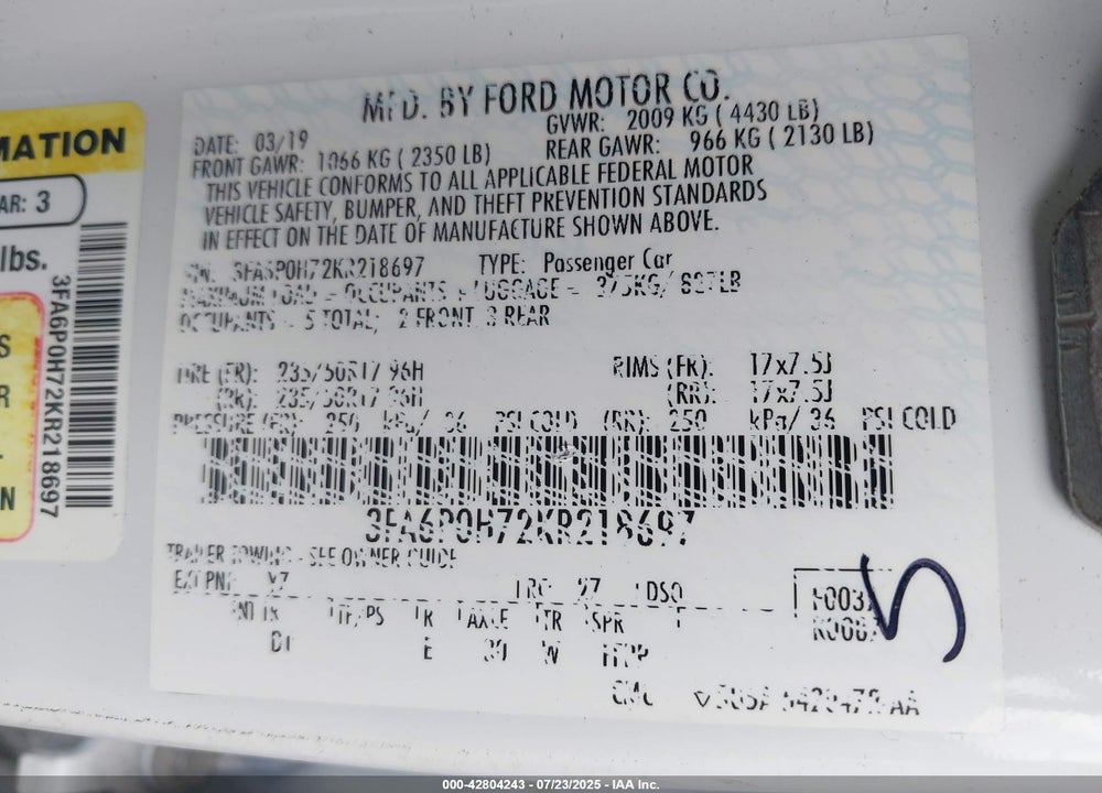 2019 FORD FUSION VIN: 3FA6P0H72KR218697