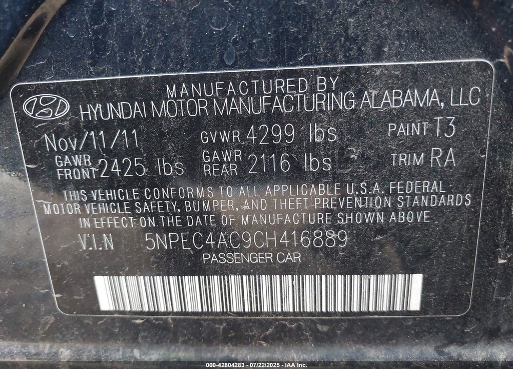 2012 HYUNDAI SONATA SE VIN: 5NPEC4AC9CH416889