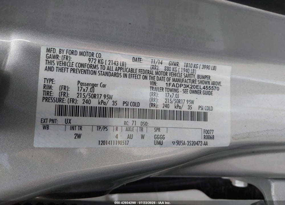 2014 FORD FOCUS VIN: 1FADP3K20EL455570