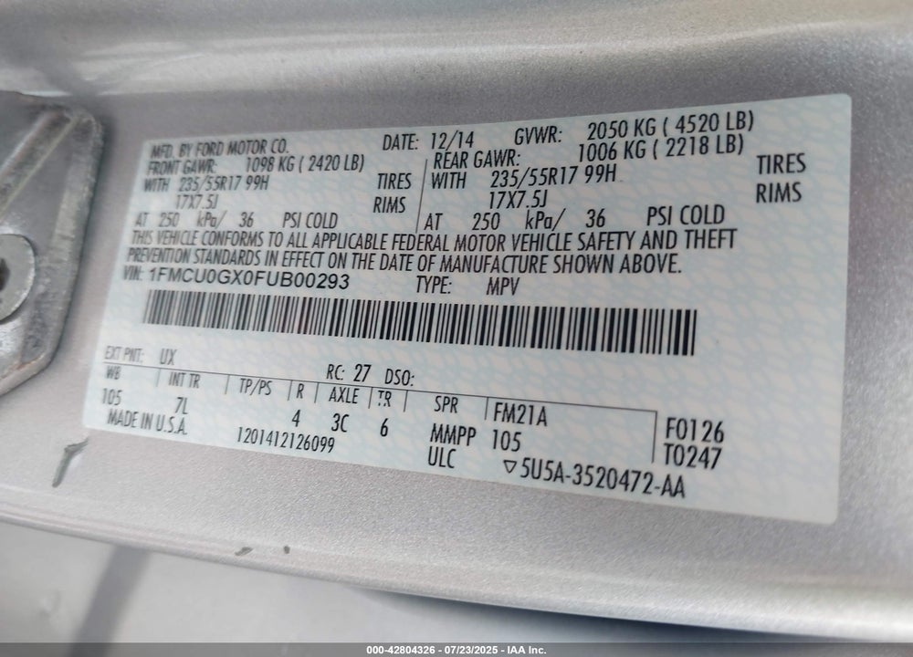2015 FORD ESCAPE SE VIN: 1FMCU0GX0FUB00293