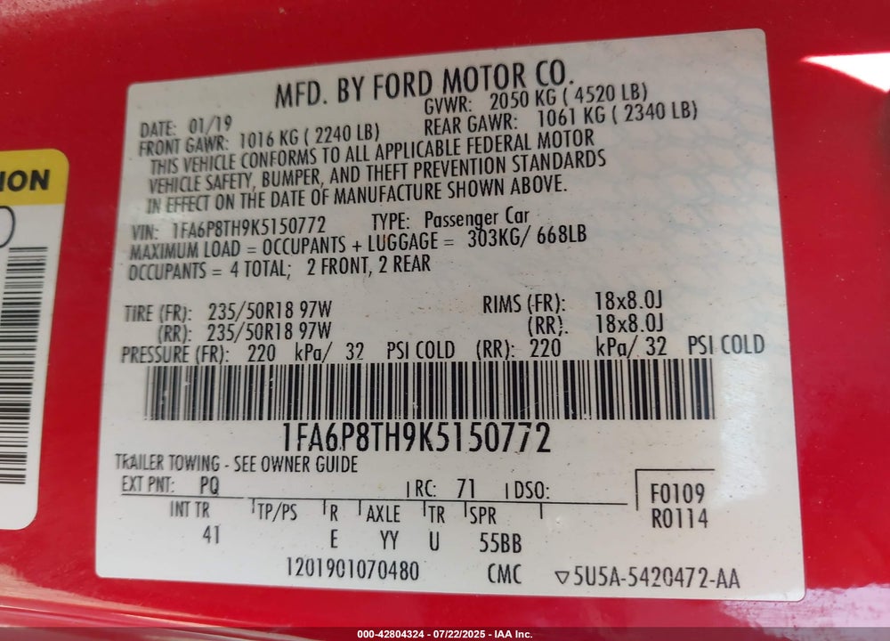 2019 FORD MUSTANG ECOBOOST PREMIUM VIN: 1FA6P8TH9K5150772