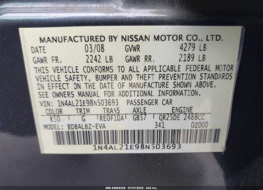 2008 NISSAN ALTIMA VIN: 1N4AL21E98N503693