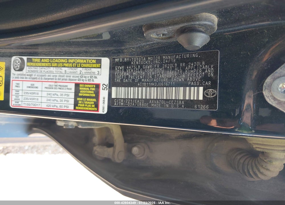 2018 TOYOTA CAMRY VIN: 4T1B11HK0JU616711
