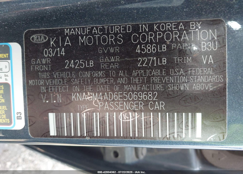 2014 KIA OPTIMA HYBRID VIN: KNAGM4AD6E5069682