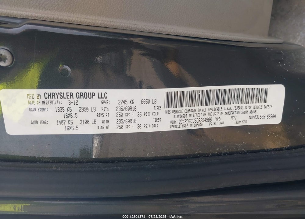 2012 DODGE GRAND CARAVAN SXT VIN: 2C4RDGCG5CR294986