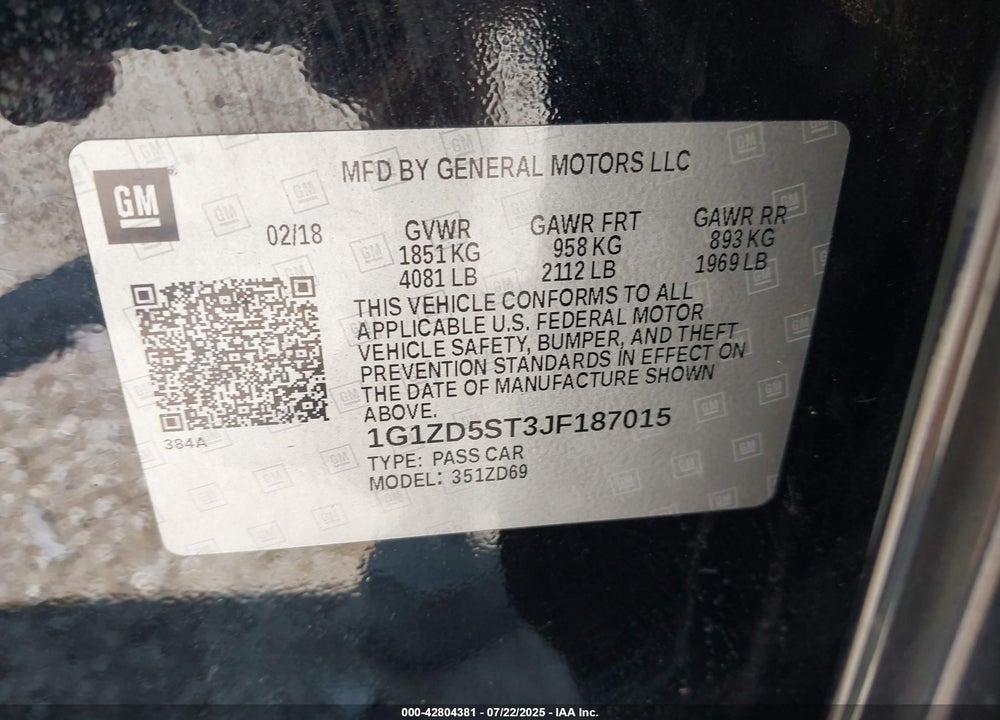 2018 CHEVROLET MALIBU VIN: 1G1ZD5ST3JF187015